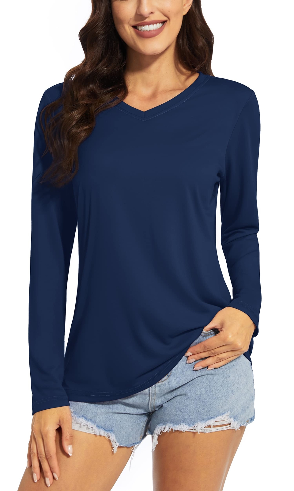 UPF50+ Womens Rash Guard Shirts Long Sleeve Quick Dry V-Neck Hiking Sports Tops