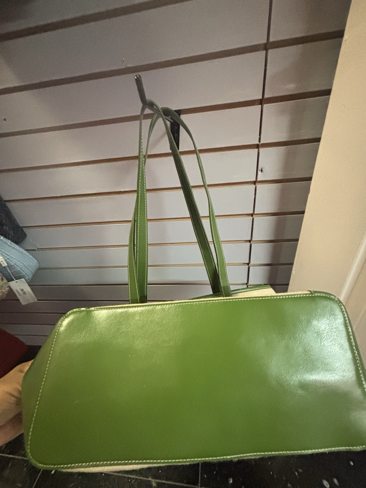 Etienne Aigner Green Beige Tote Shoulder Bag Zip Gold Hardware Lined Pockets