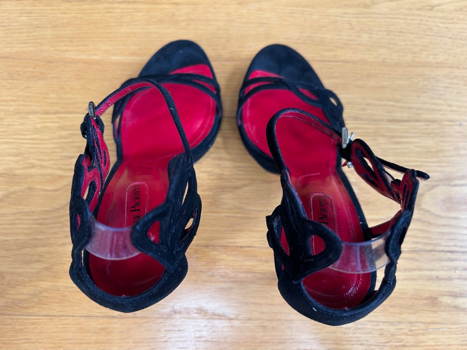 CESARE PACIOTTI Black Suede Butterfly Laser-Cut Sandals SZ 8.5 IT 38.5 Good &Box
