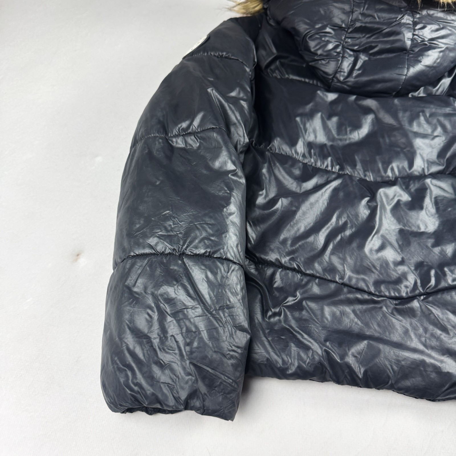 Mens Vintage Blue Puffer Jacket Faux Fur Hood Winter Bubble Coat Y2K Streetwear