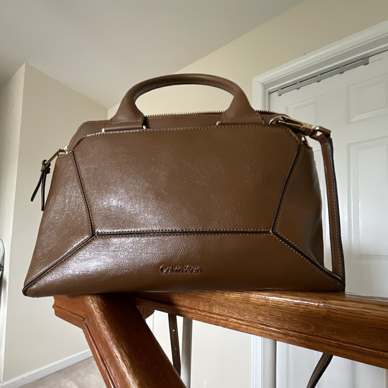 Calvin Klein Brown Large Crossbody, Zip Top, Top Handle, Detachable Strap, Gold