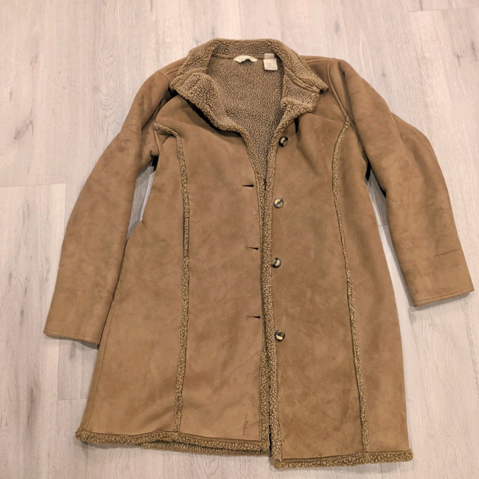 LL Bean Brown Long Winter Coat Faux Shearling Sherpa Suede Washable Regular M