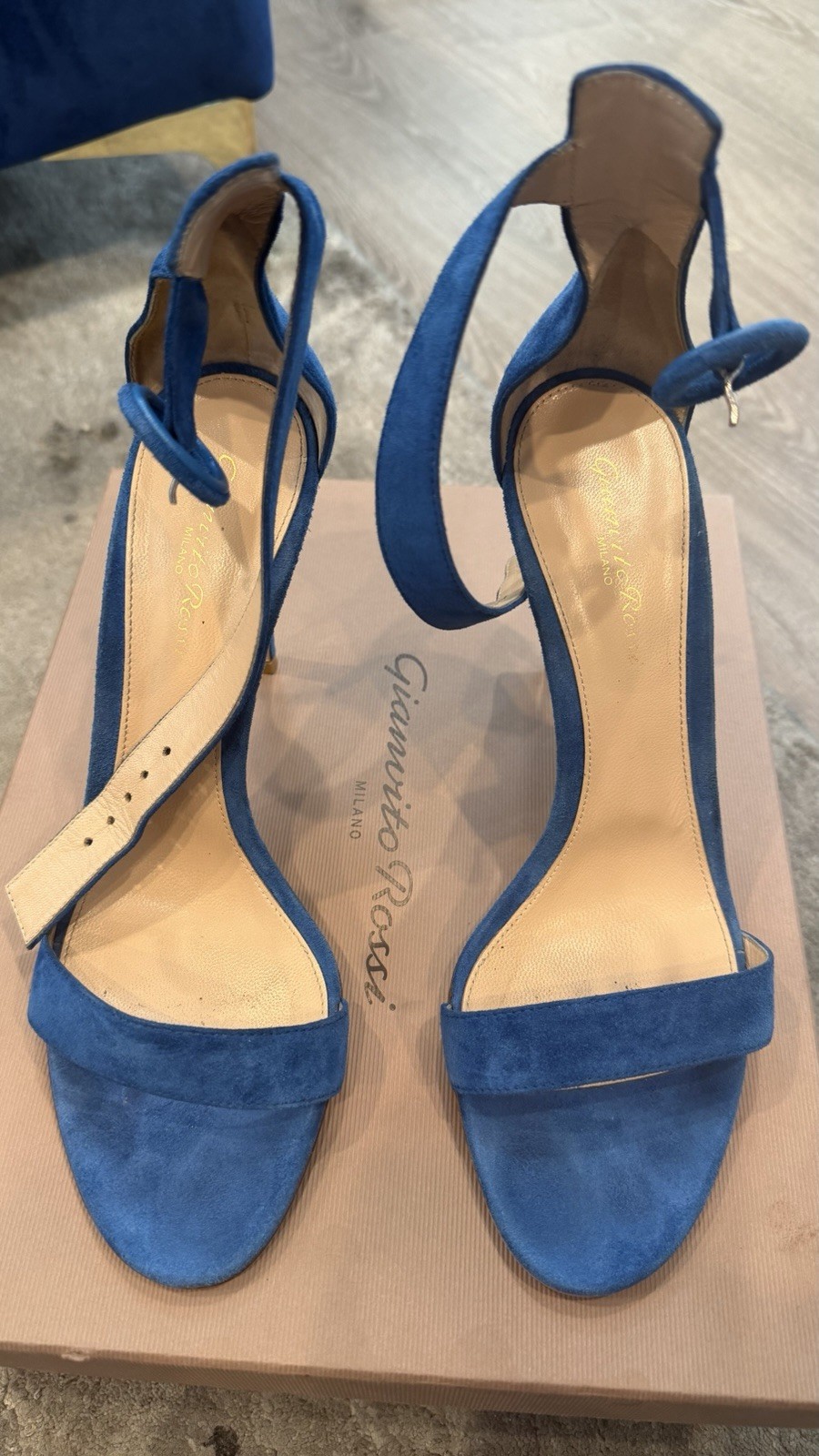 Gianvito Rossi Blue Suede Ankle Strap Heels – 39.5