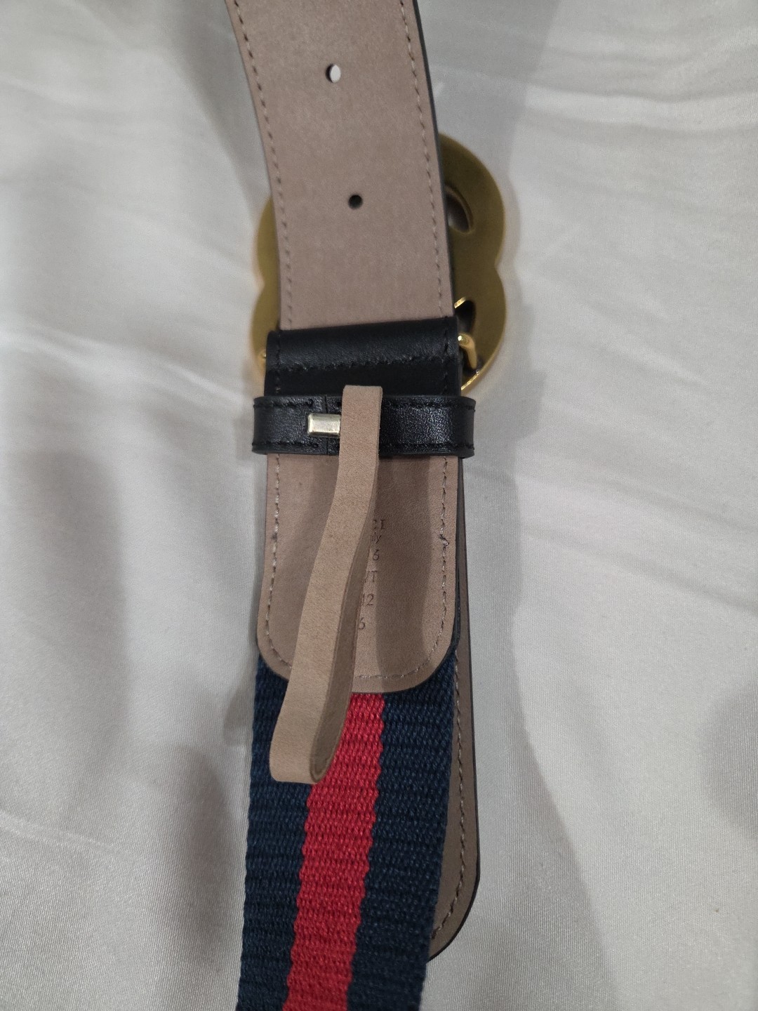 Gucci GG Brass Buckle Striped Navy Red Dress Belt Men’s 36-38 IT 105CM