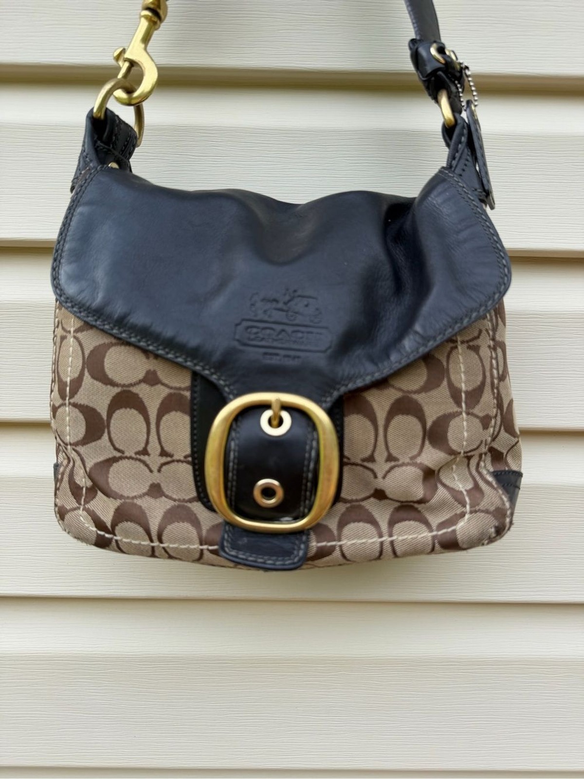 Coach Bleecker Signature Buckle Flap Shoulder Bag Style 11434 Black Brown