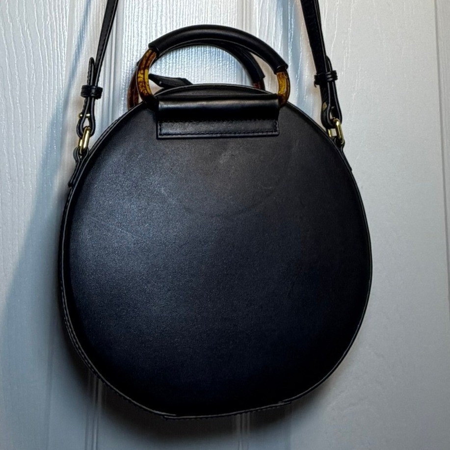 Kurt Geiger London Black Leather Round Crossbody Bag Tortoise Handle Eagle Head