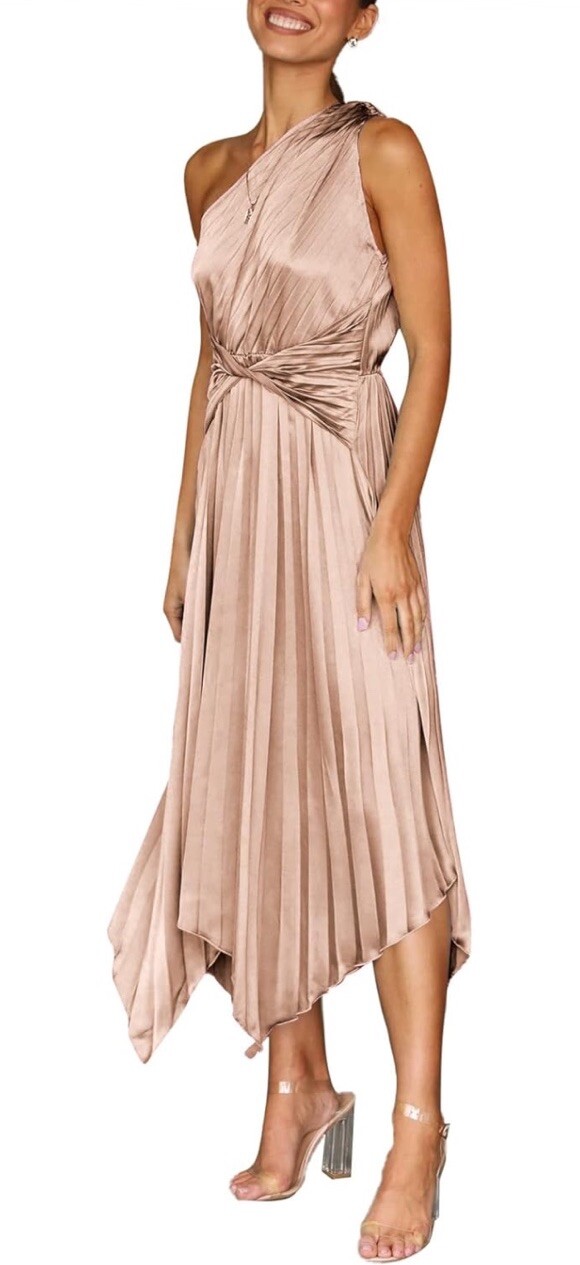 LYANER Women’s Satin One Shoulder Sleeveless Twist Pleated Irregular Party Midi