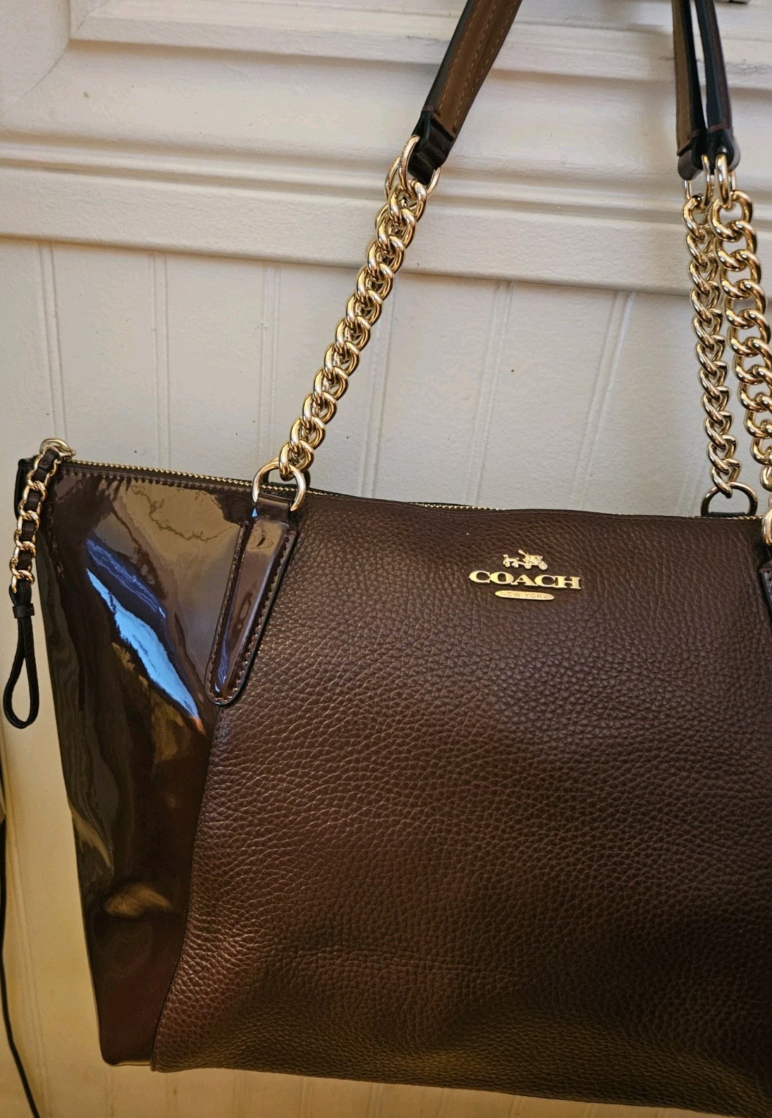 Coach Ava Burgundy Leather & Patent Leather Tote Gold Chain Velvet Interior New
