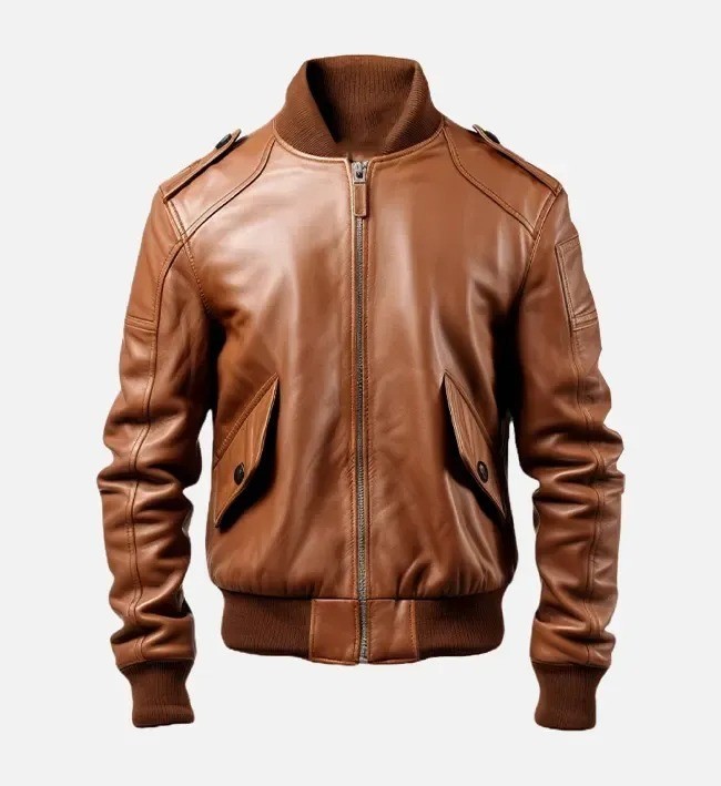 Men’s Brown Leather Bomber Jacket Ribbed Collar Cuffs Vintage Motorcycle Coat