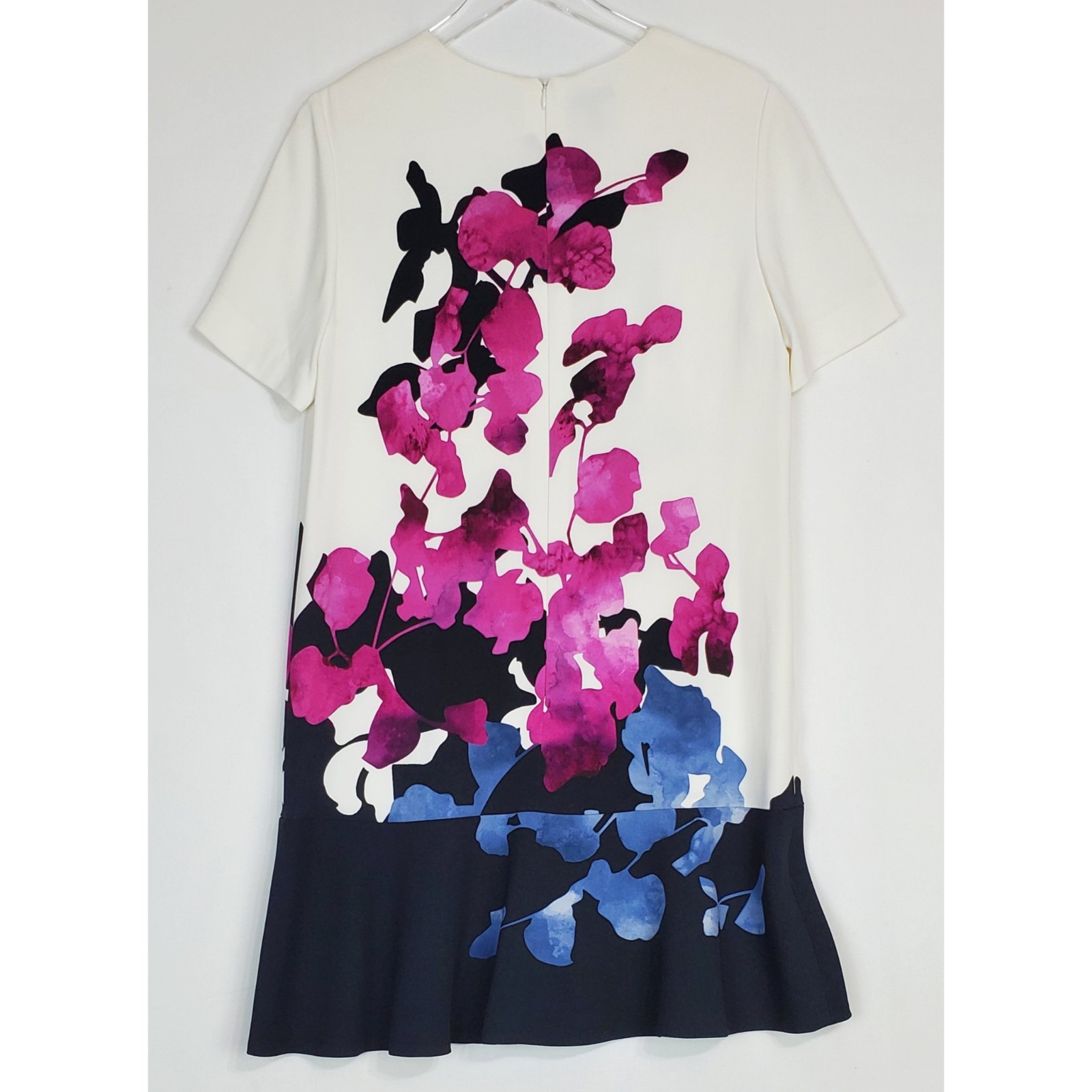 Escada 42 large floral sheath dress short sleeves ruffle white multi summer boho