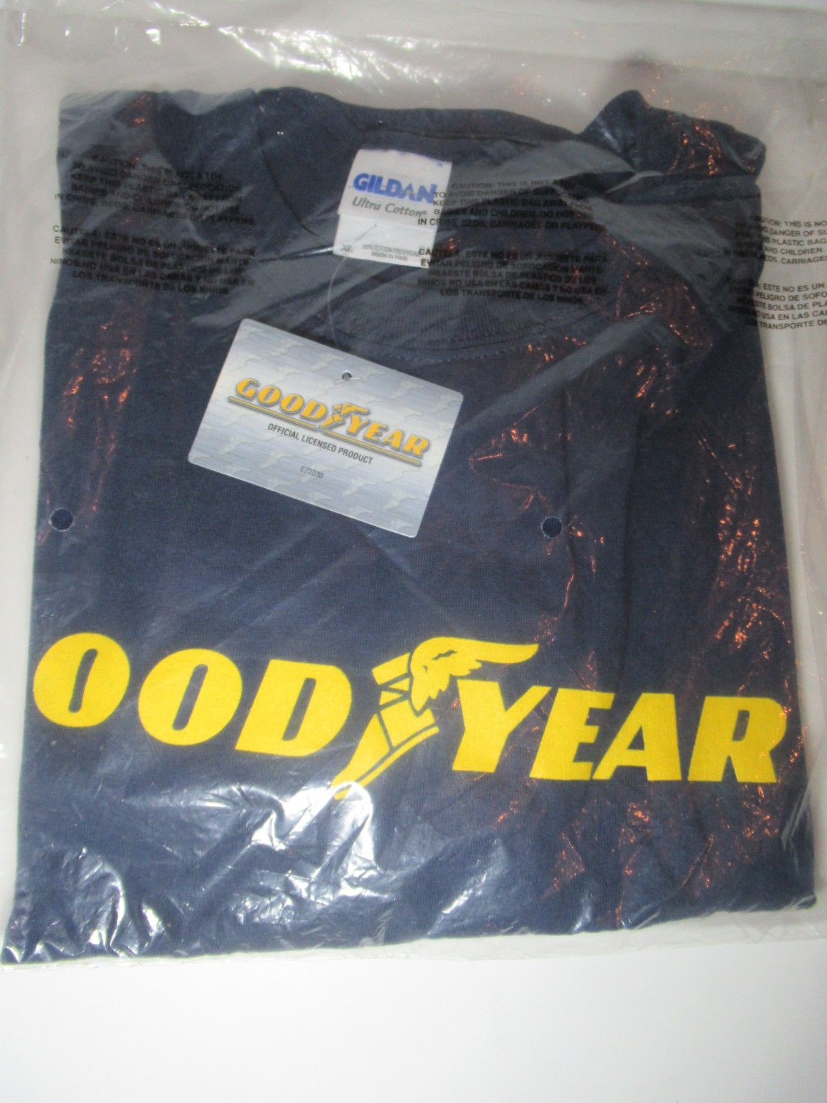XL Vintage Goodyear Official New Navy T Shirt Yellow Winged Logo Gildan Cotton