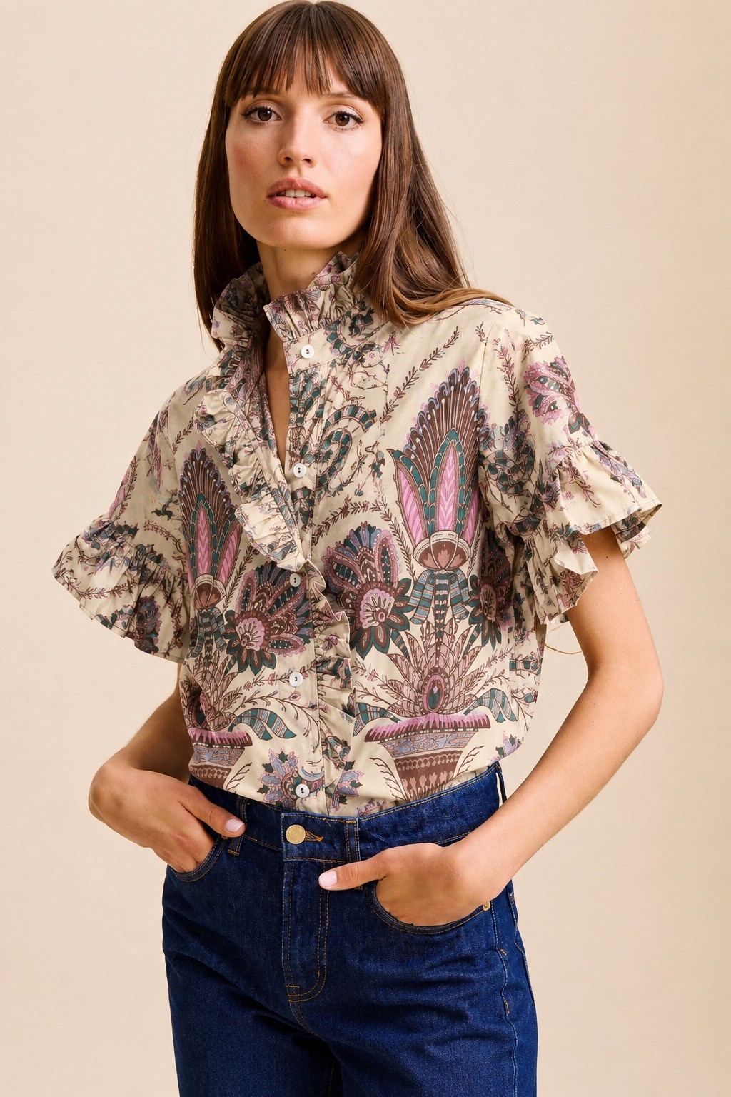 Mille Resort & Travel Vanessa Ruffle Top Blouse Sz Small Tan Pink Green Print