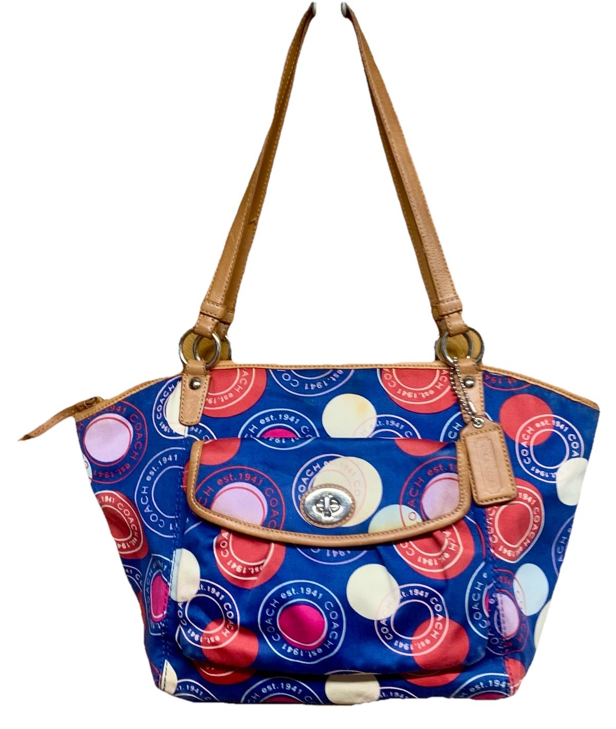 Vtg Y2K COACH LEAH POLKA DOT SNAPHEAD TOTE SHOULDER BAG F14667 Blue Tan Turnlock