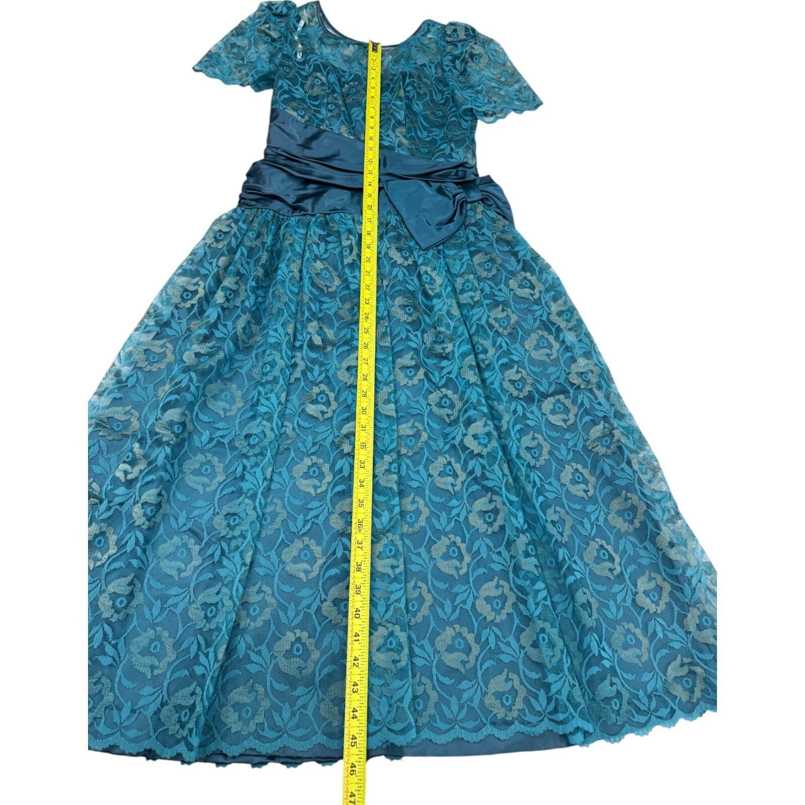Vitnage 70s Teal Floral Lace Short Sleeve Midi Formal Prom Dress Sz 11/12