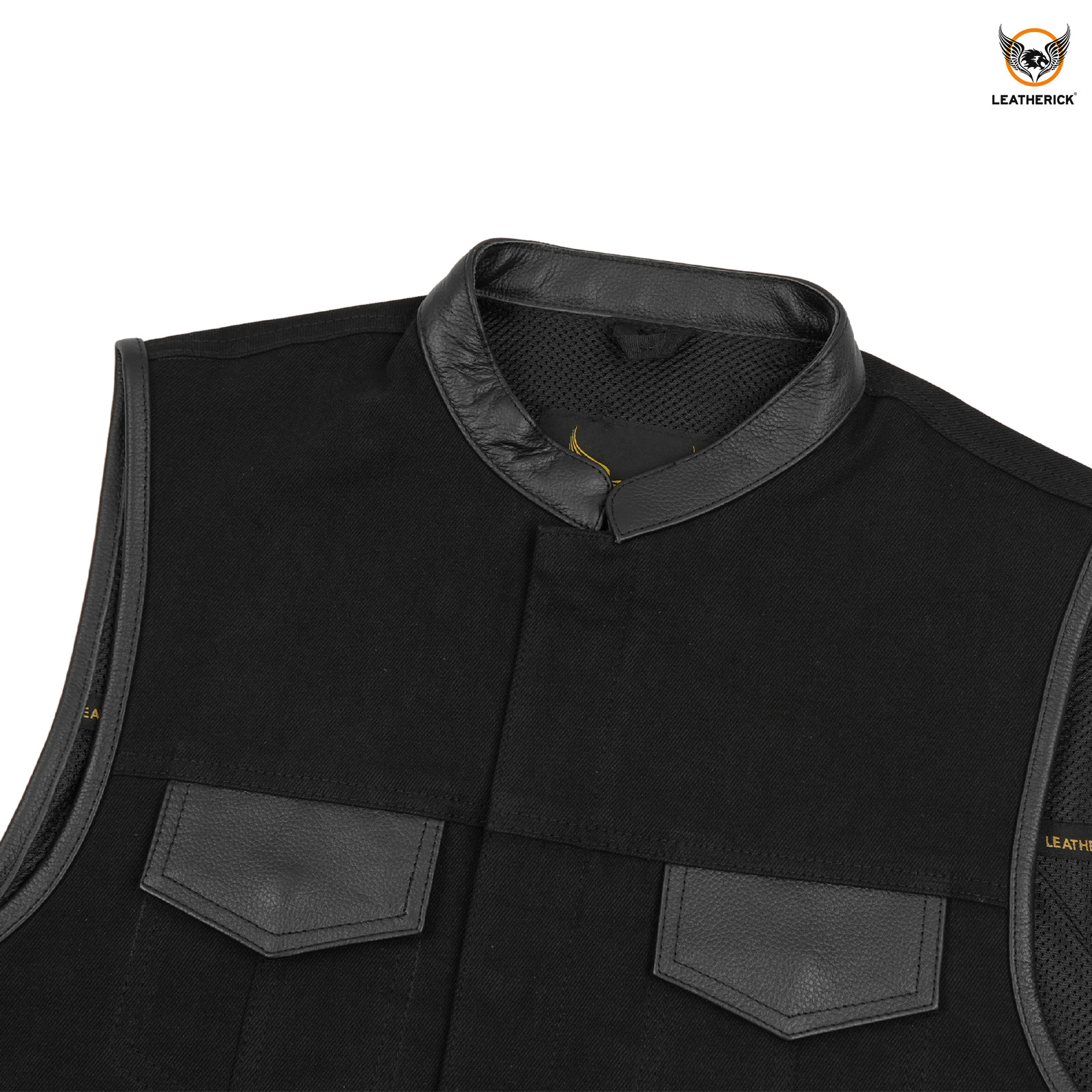 Leatherick Men’s SOA Black Denim Leather Vest Motorcycle Bikers Club Gun Pockets