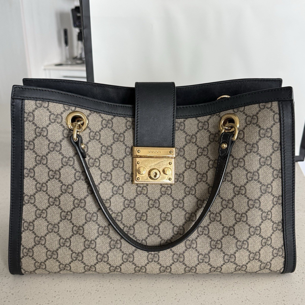 Gucci GG Padlock Medium Top Handle Bag Beige Black Gold Lock Chain Strap