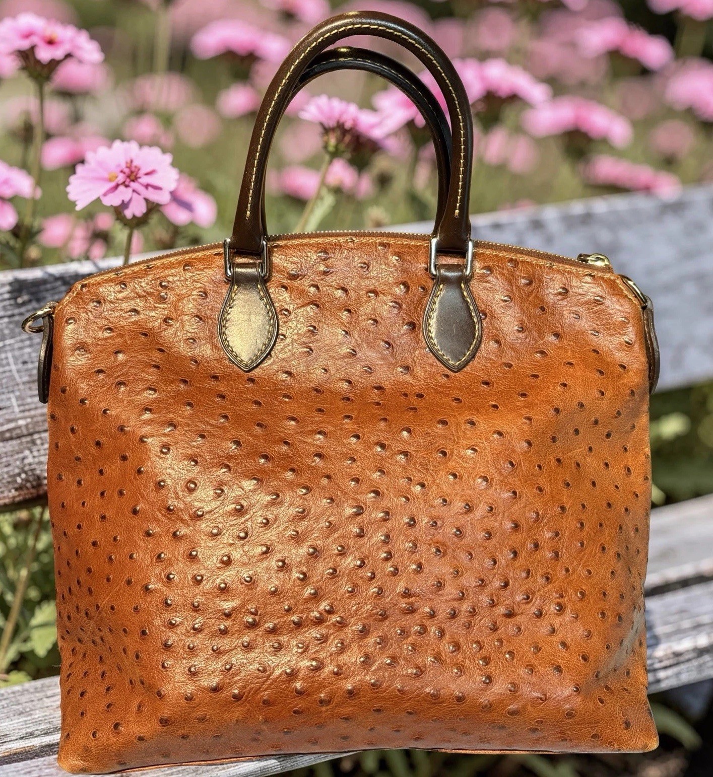 Dooney Bourke Chestnut Brown Ostrich Embossed Leather Front Pocket Satchel Tote