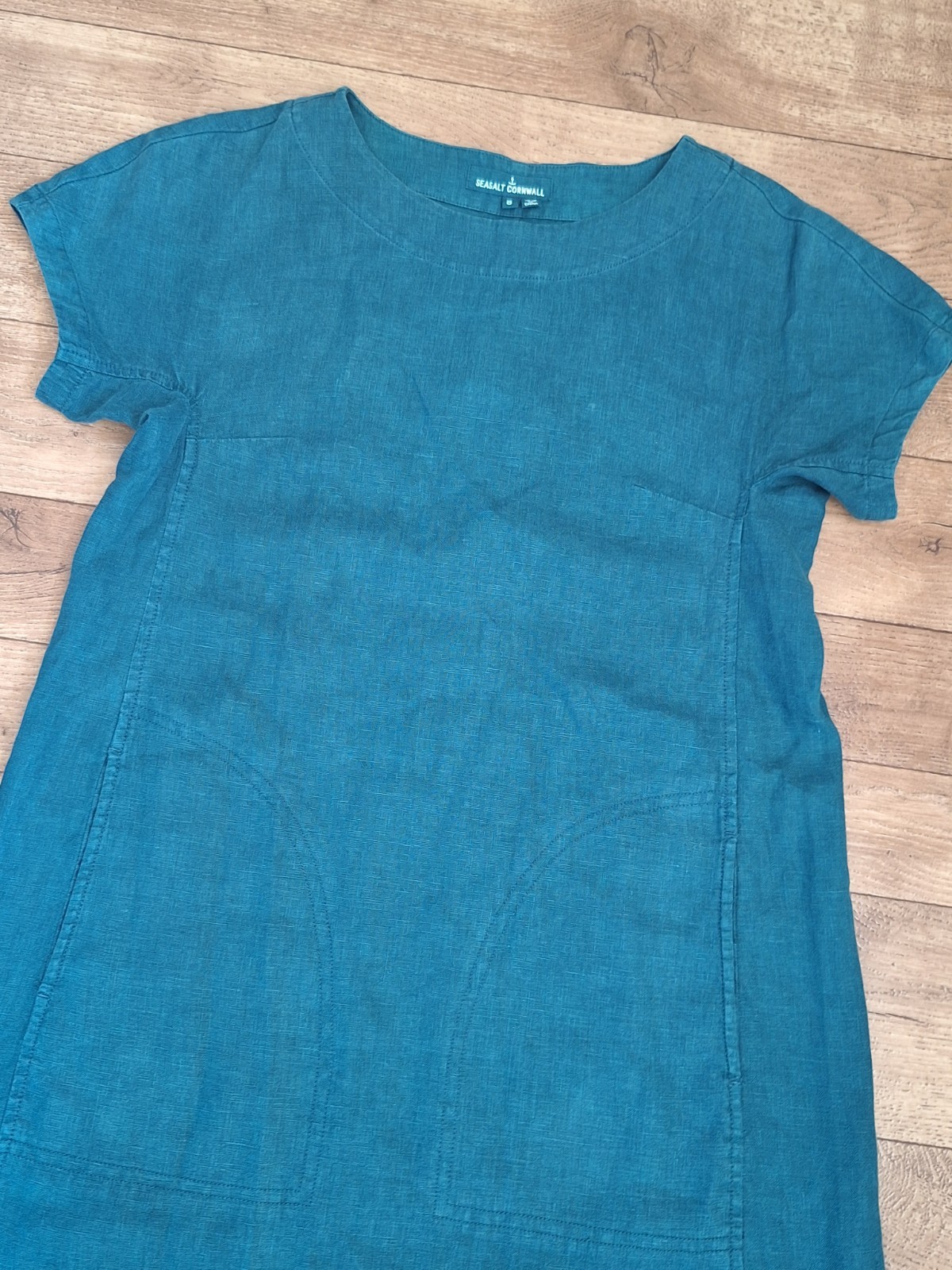 Seasalt Boxy Loose Fit Linen Teal Blue Green Shift Primary Dress UK 8 EU 36 US 4