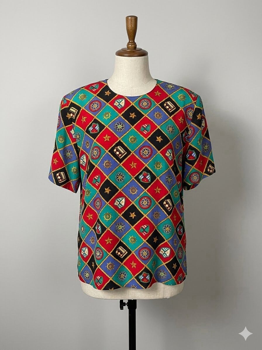 Vintage 90s Talbots Silk Nautical Short Sleeve Top Size 12 Preppy Heritage