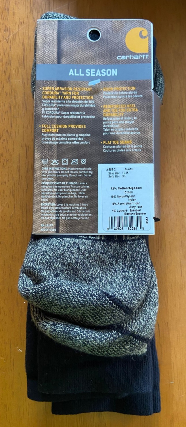 Carhartt A555-2 Steel-Toe Cotton Boot Sock, Black, XL (Shoe size 11-15) 2-Pack