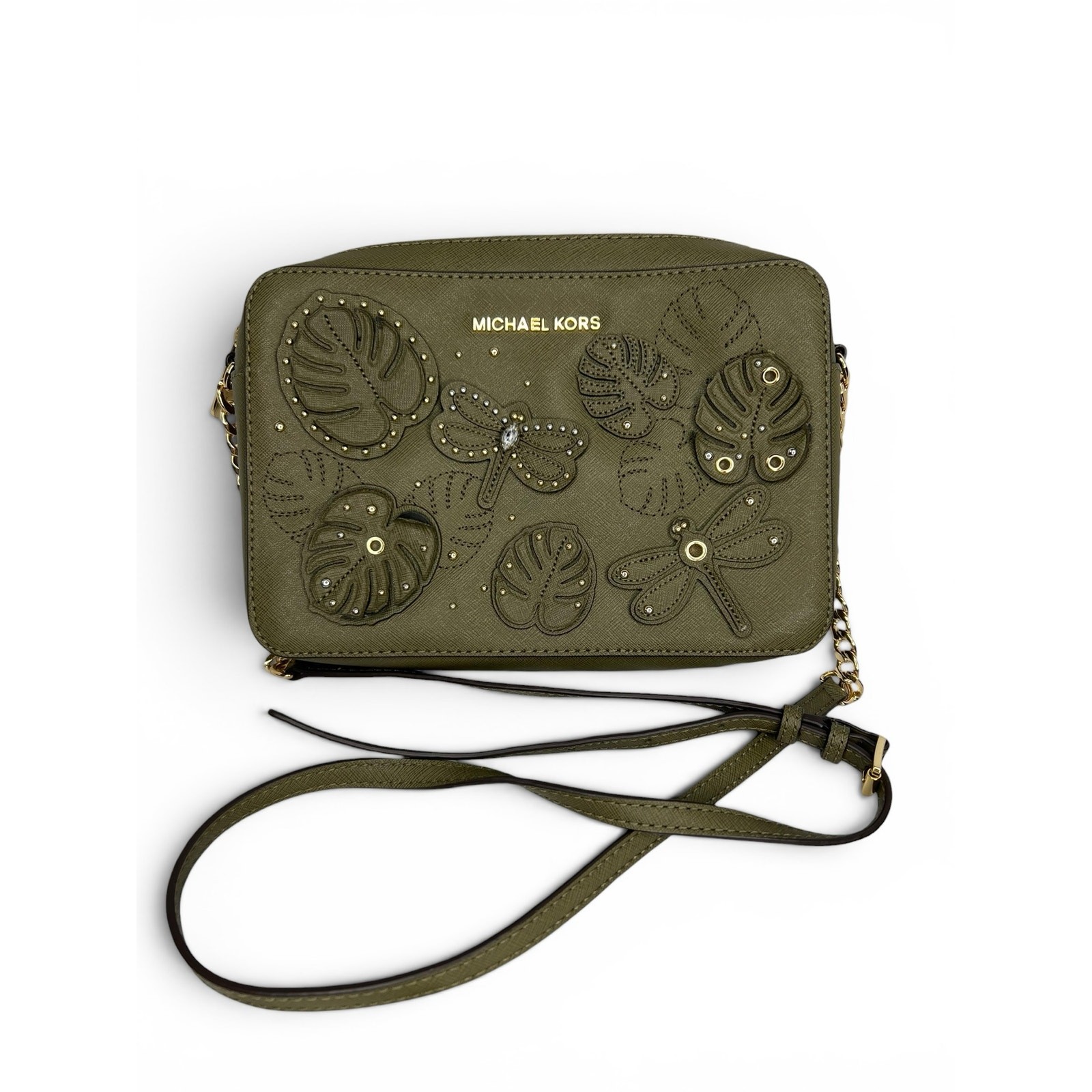 Michael Kors Jet Set Olive Saffiano Leather Dragonfly Crossbody Bag EUC
