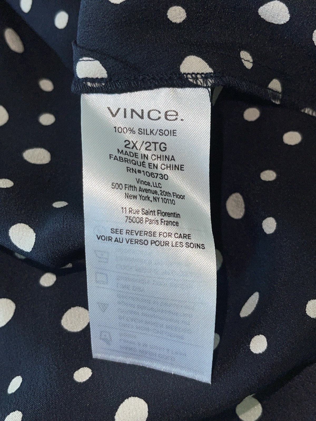 VINCE Camp Collar 100% Silk Deep Marine/Navy Blue Polka Dot Blouse 2X