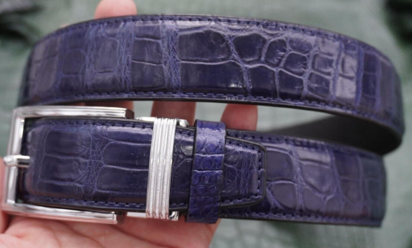 W1.3 inch Blue Real Crocodile Belly Leather Skin Men’s Belt Pin Buckle #L30