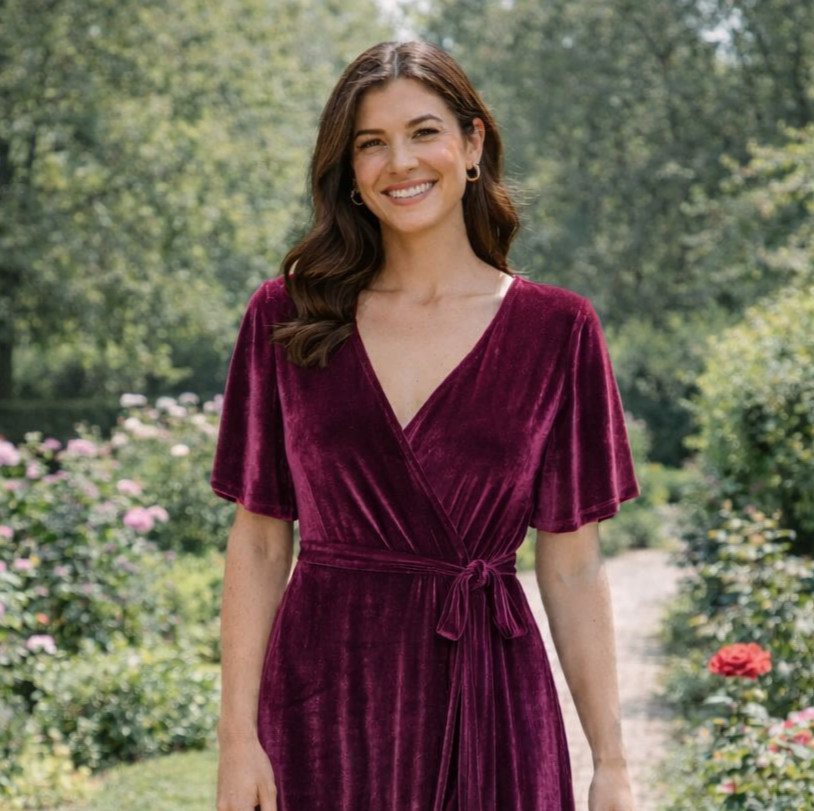 Baltic Born Size M Mulberry Velvet Short Flutter Sleeve Wrap Maxi Dress