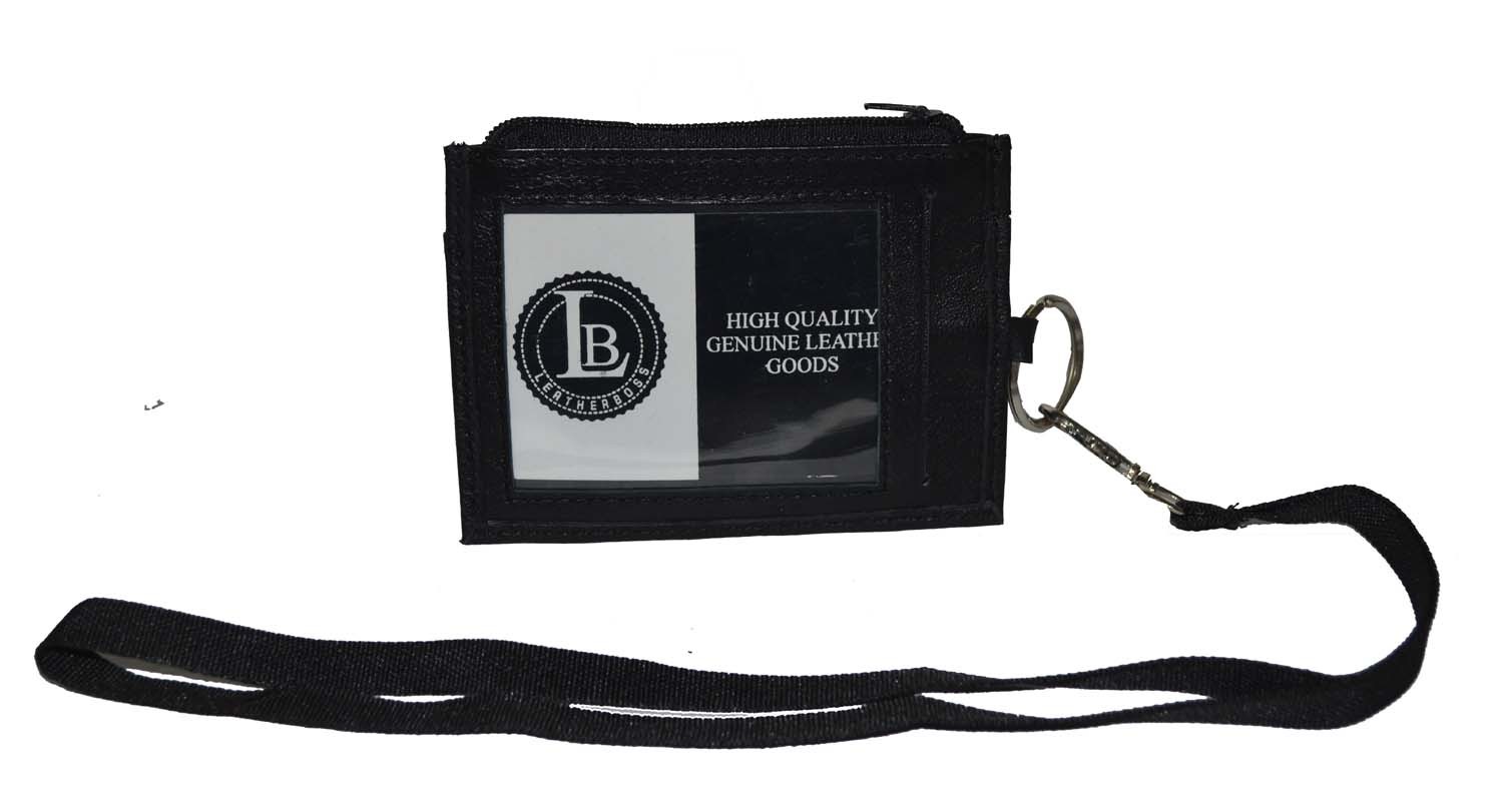 ID Holder With Neck Strap Genuine Leather New Black by Leatherboss