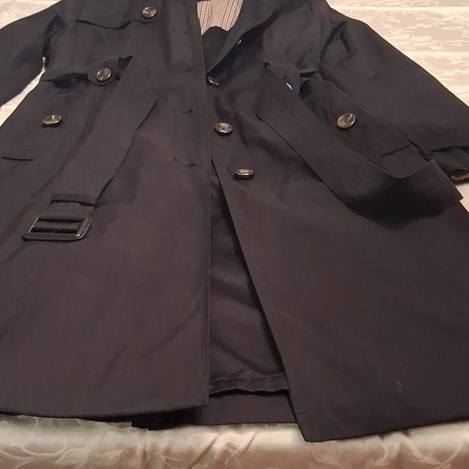 London Fog Ladies Black Mid-Length Trench Coat Size Medium Button Lined Notch