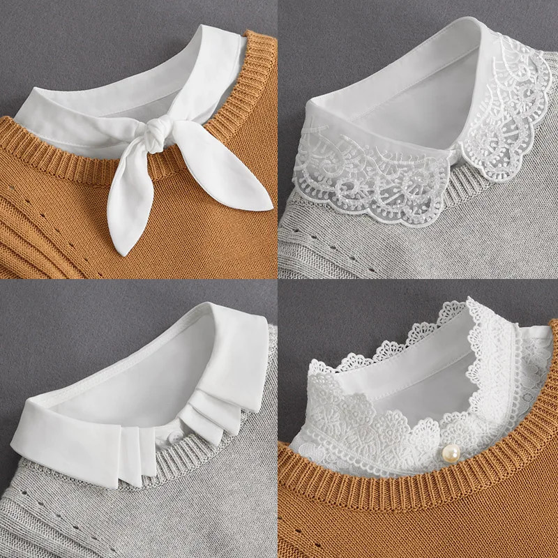 Front Tie White Fake Collar Stand Beads Detachable Collar Fake Women Vintage