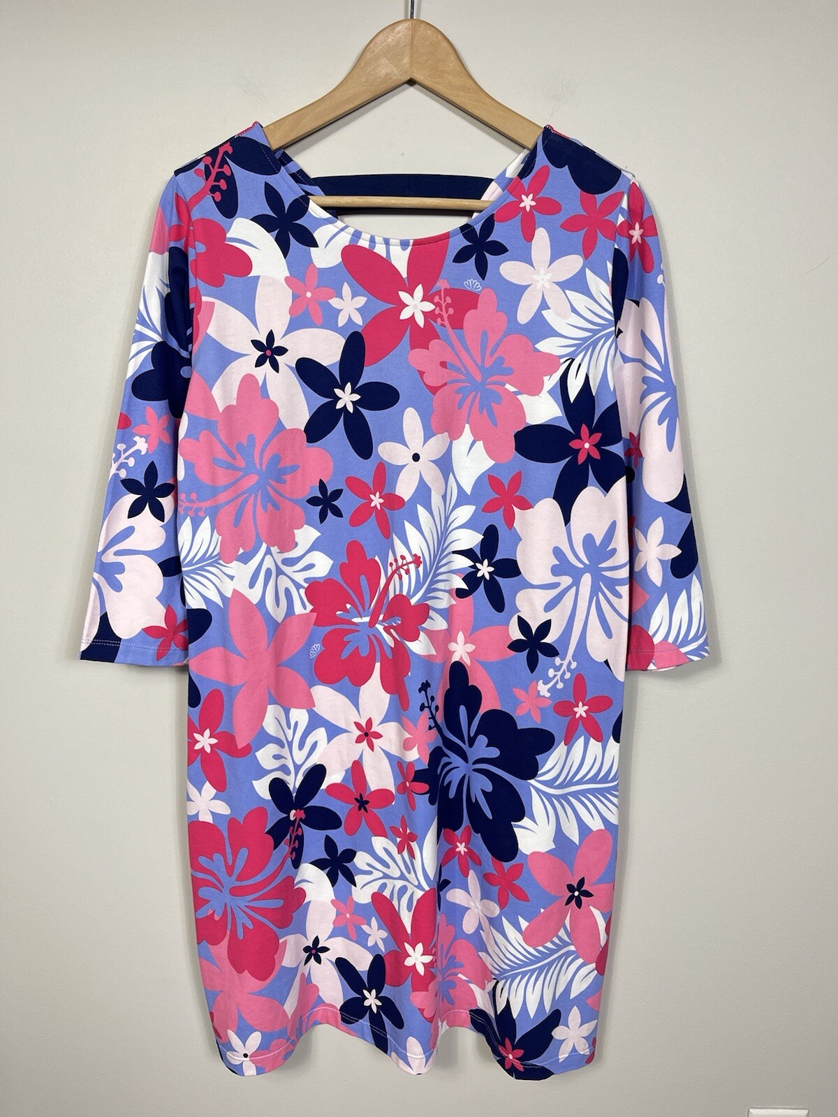 Ana Clare Dress Women XL Pink Blue Floral Knee Length 3/4 Sleeve Active Cotton