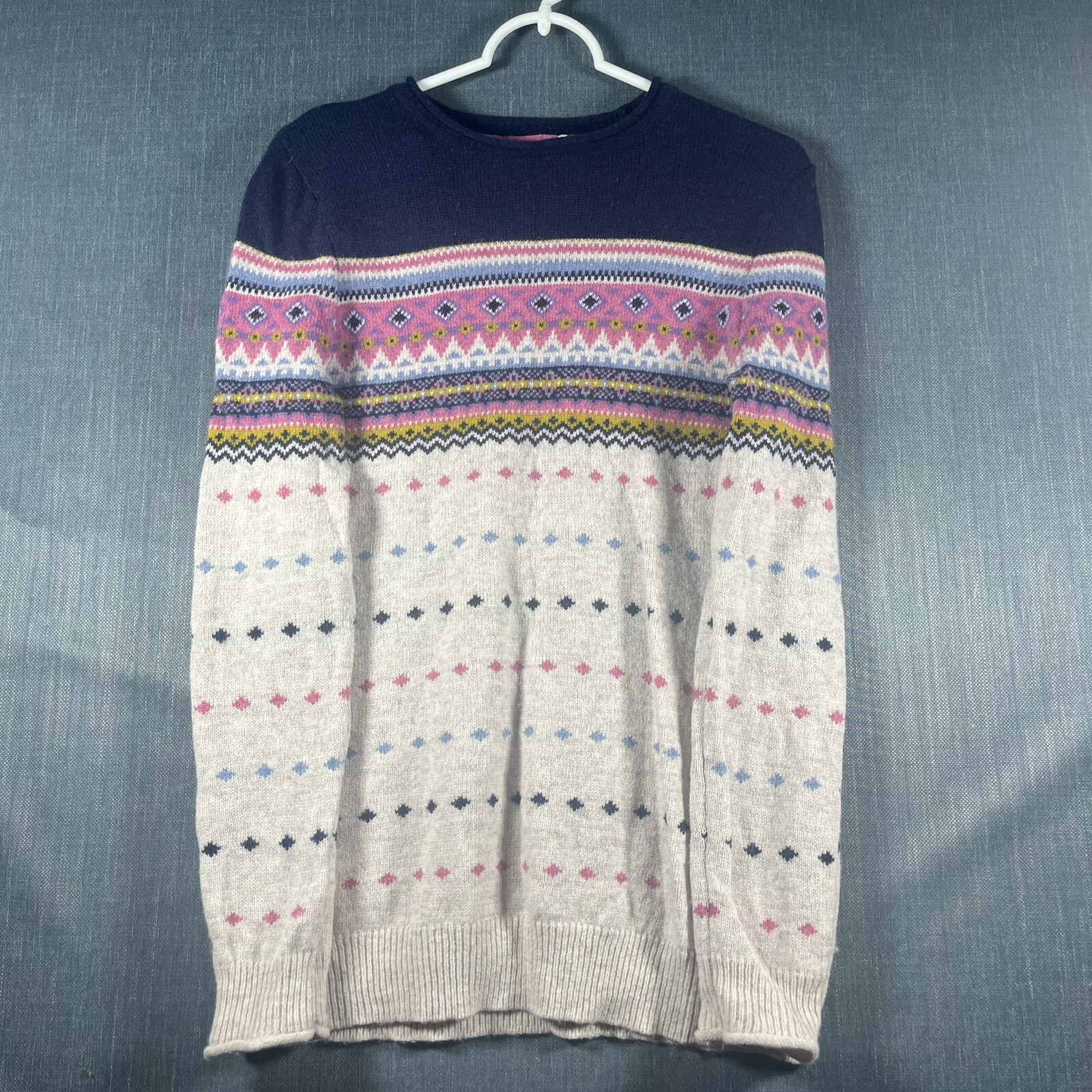 Heyton Womens Knitted Sweater Blue Pink Beige Size M Lambswool Blend Fair Isle