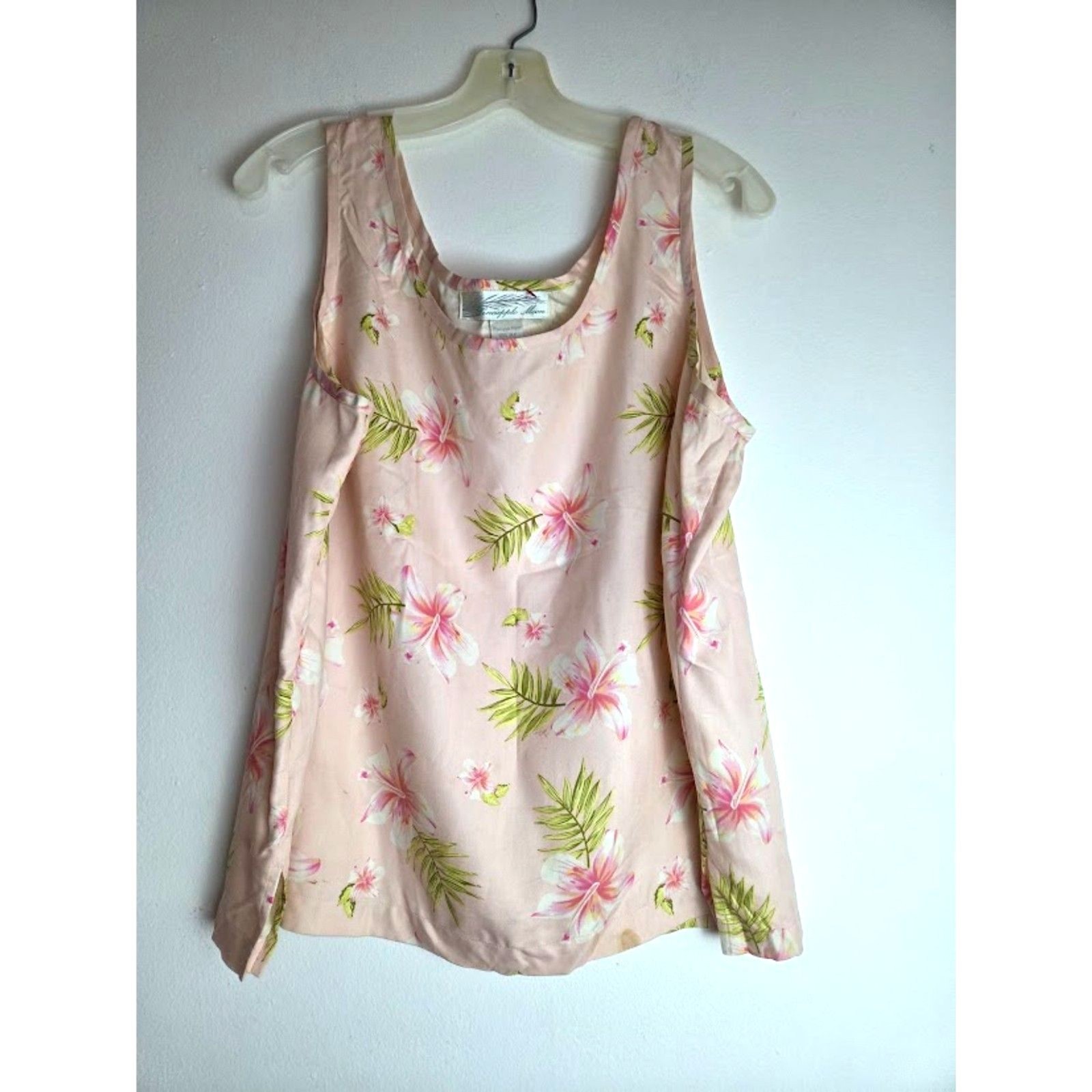 Pineapple Moon Light Pink Floral 100% Silk Sleeveless Satin Boxy Blouse size XL