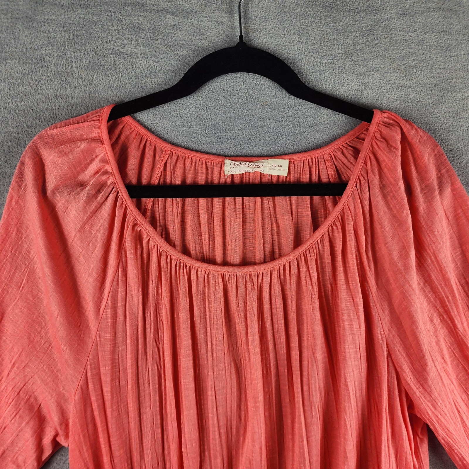 Faded Glory Blouse Womens Large Cosmo Coral Peasant 3/4 Sleeve Scoop Neck Boho