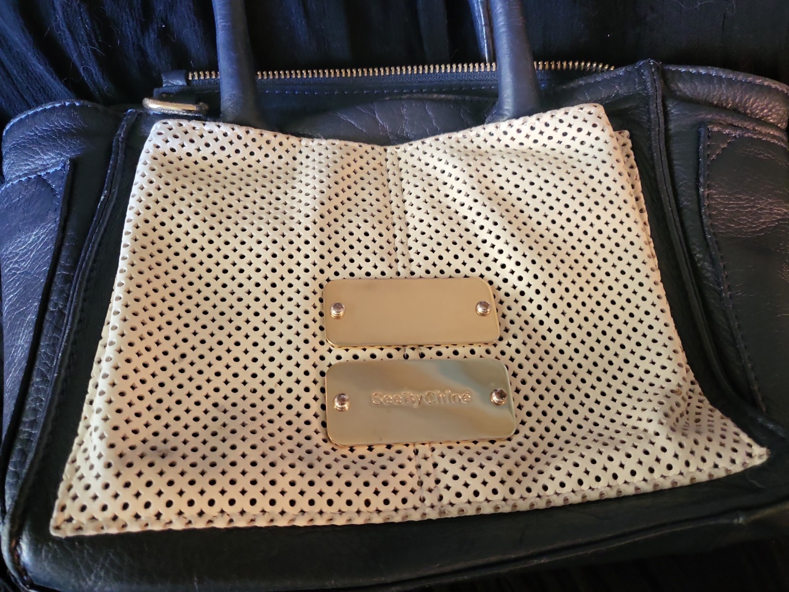 SEE BY CHLOE “Nellie” navy/Nougat small Soft Leather Tote rectangular Bag