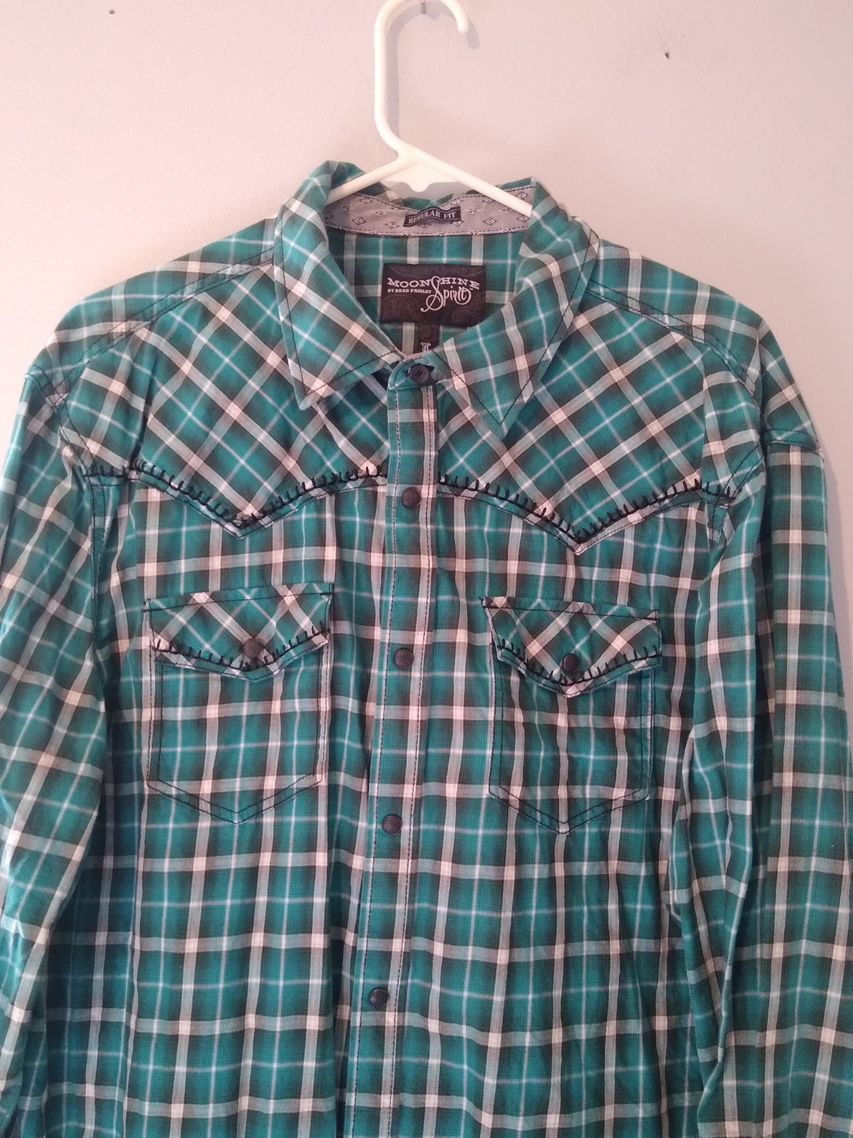 Moon Shine Spirit Western Shirt L Pearl Snap R Fit Teal Cream Plaid Ranch Cowboy