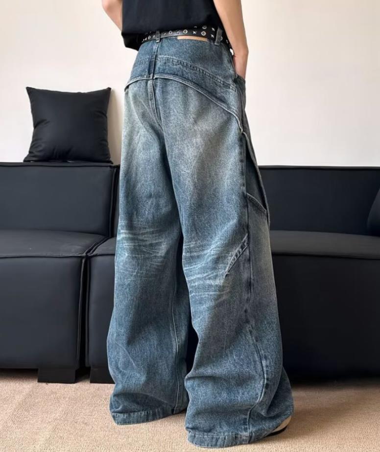 Men’s Retro Blue Denim Loose Fit Jeans Pockets Punk Hip Hop Trousers Casual New