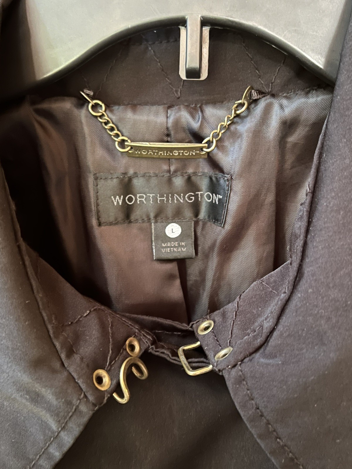 Worthing Black Trench Rain Coat Women’s Size L Mid Length Jacket Belted Classic