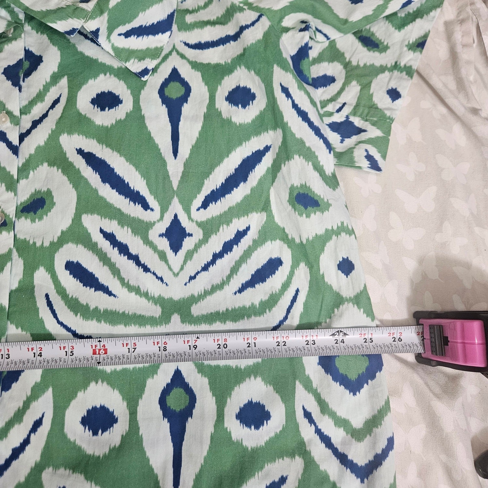 navy BLEU Ikat Print Button Front Midi Shirtdress Green Blue White Size XL