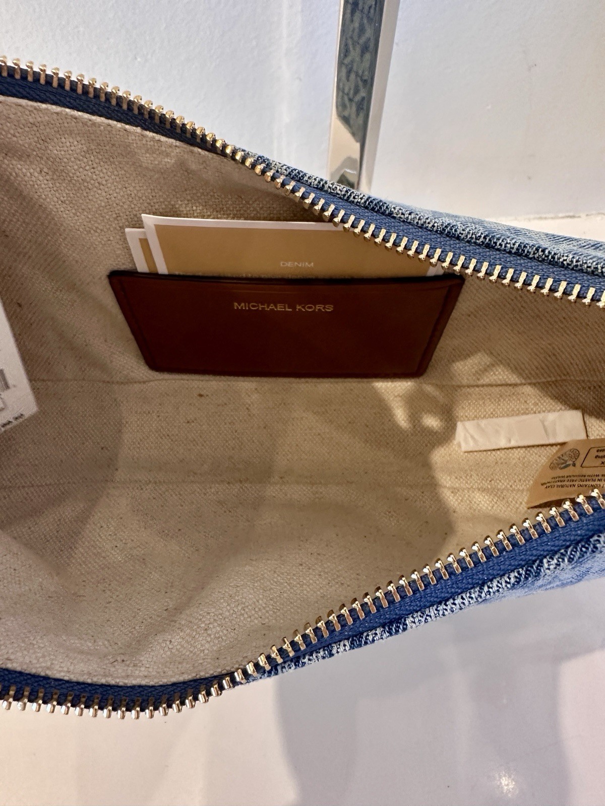 Michael Kors NWT Nolita Medium Signature Logo Print Denim Chain Pochette