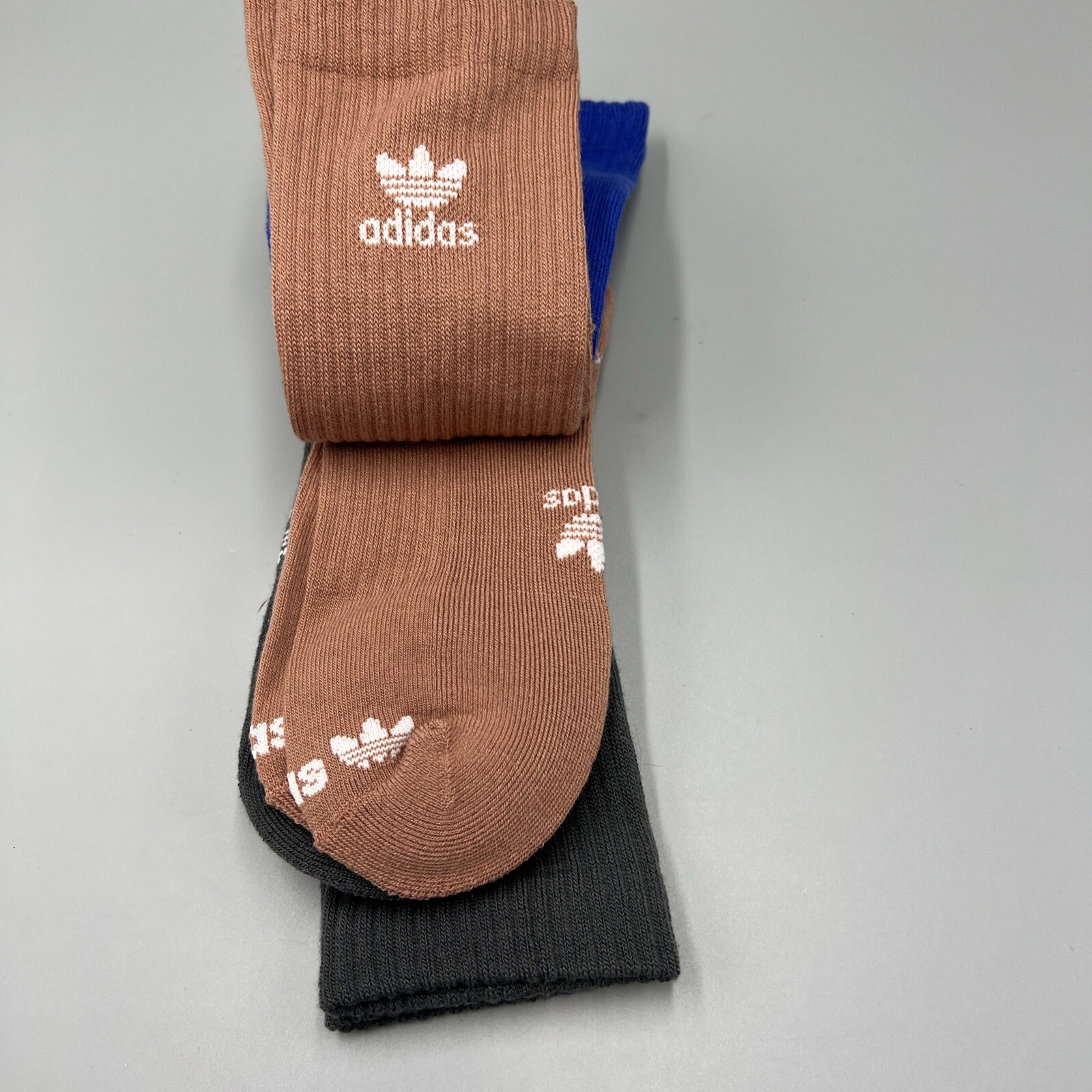 3 Pairs! Adidas Crew Socks, Blue, Grey, Brown. Sz Large, Mens 8-12, Womens 10-13