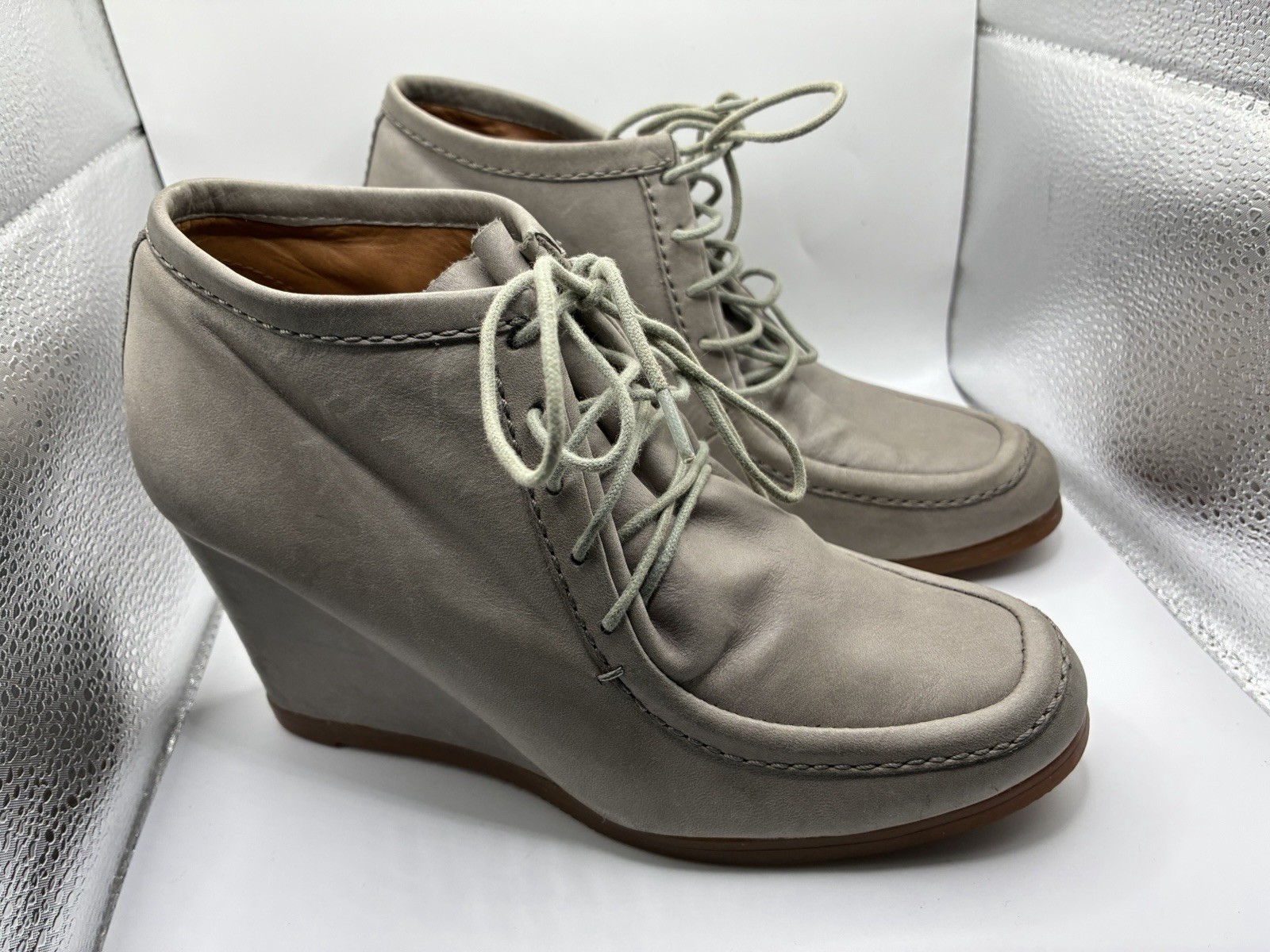 Zara Taupe Lace Up Wedge Ankle Boots Women’s Size 38 US 7.5 Moc Toe Hidden Wedge
