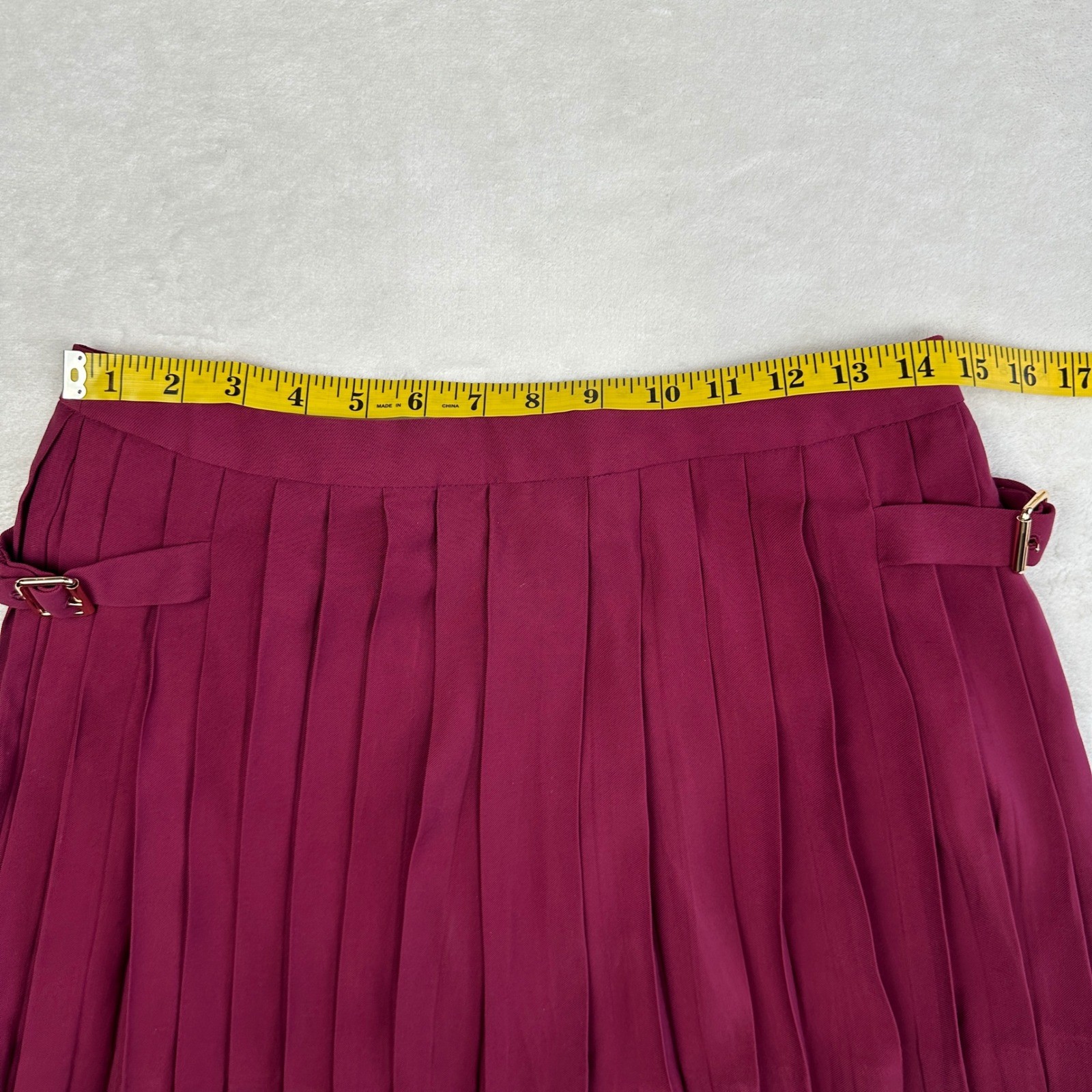 Mango MNG Burgundy Pleated Mini Skirt Side Buckles Wine Red Size M US 6