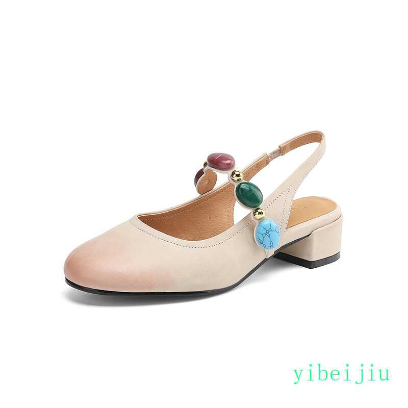Women’s Low Heel Slingback Real Leather Sandals Stone Comfort Casual Shoes Boho