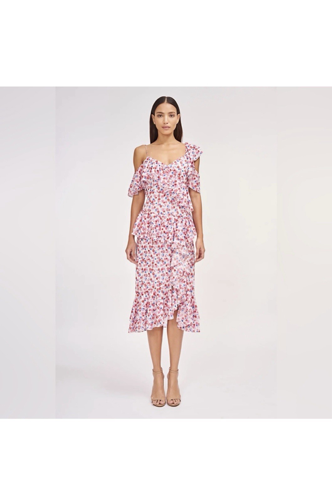 Amur Dylan One-Shoulder Ruffle Floral Midi Dress White/Pink/Blue Size 4