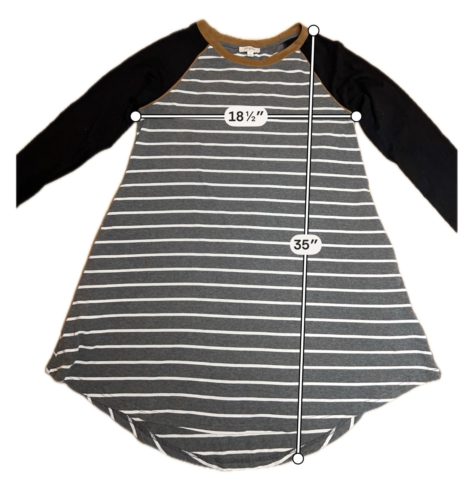 Umgee USA Striped Tunic Dress Small Gray White Raglan Sleeve Pocket Hi-Low Hem