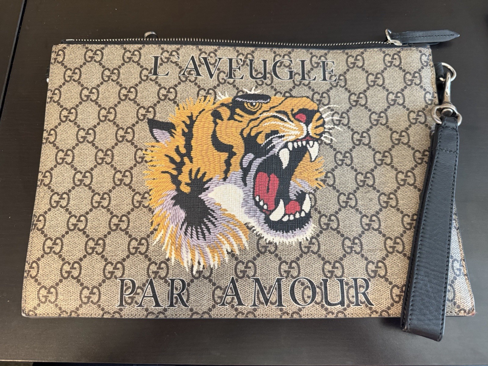 GG Supreme Monogram Tiger L’Aveugle Zip Wristlet Pouch Beige