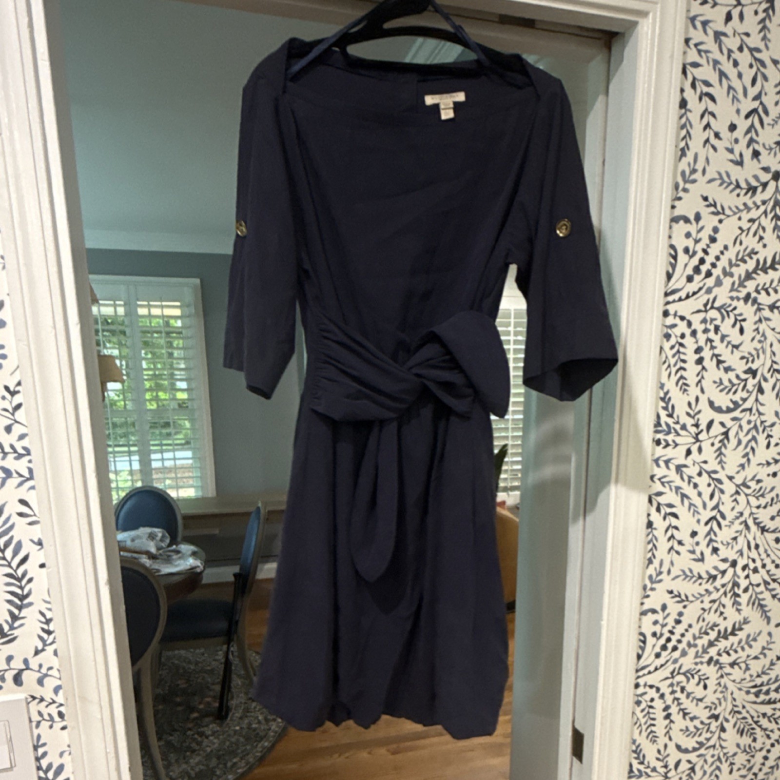 Burberry Brit Navy Solid Silk Wrap Dress Size 4 3/4 Sleeve Knee Length