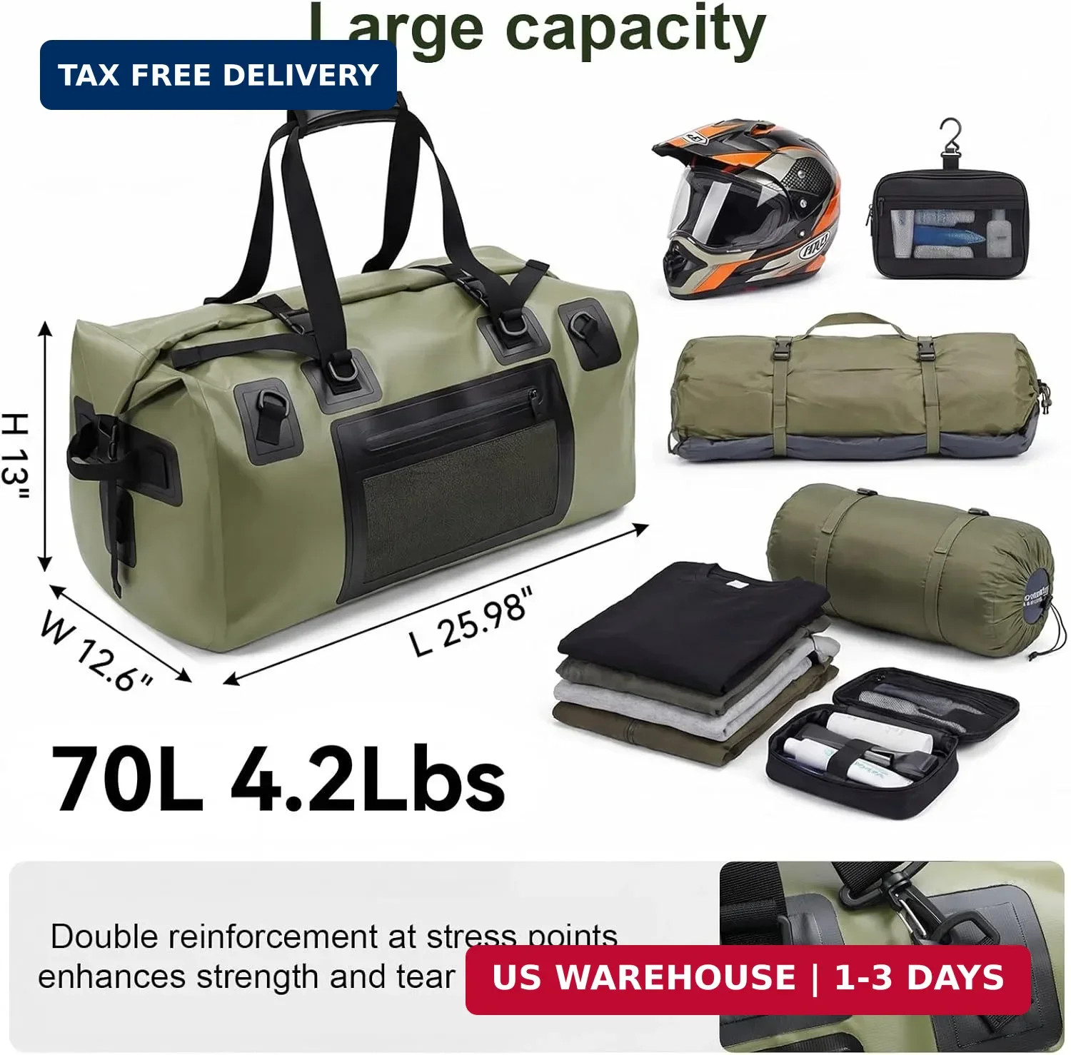 Waterproof Duffel Bag, 70L Large Motorcycle Dry Backpack, Heavy-Duty Roll Top Wa